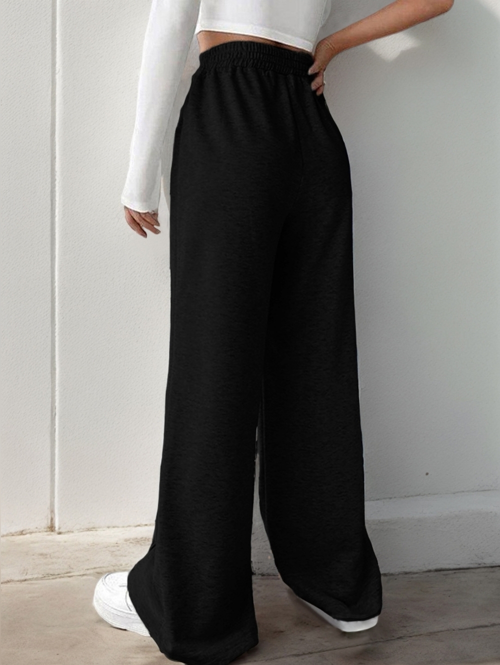 Black Wide-Leg Knit Pants- Women - Picture 3 of 7